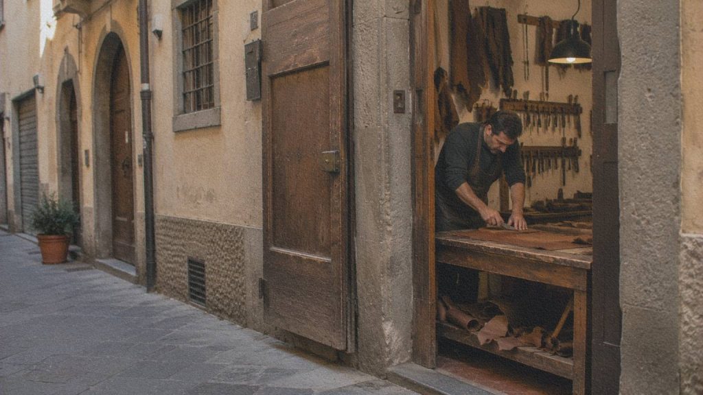 Artisan découpant une pièce de cuir dans un atelier du quartier de l'Oltrarno à Florence.