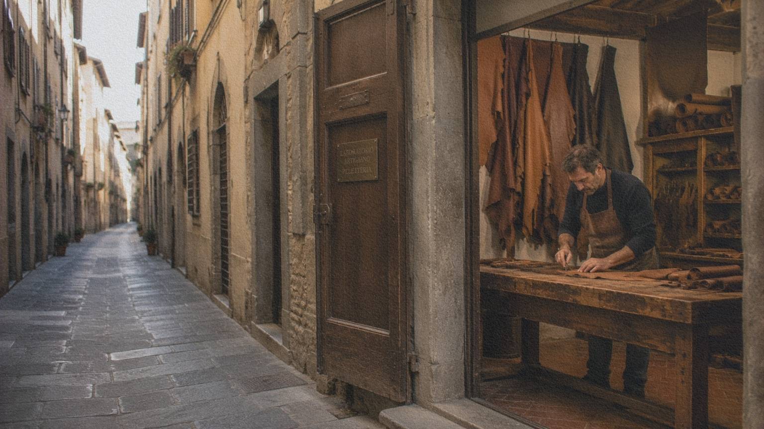 Atelier de maroquinerie dans une rue de l'Oltrarno à Florence.