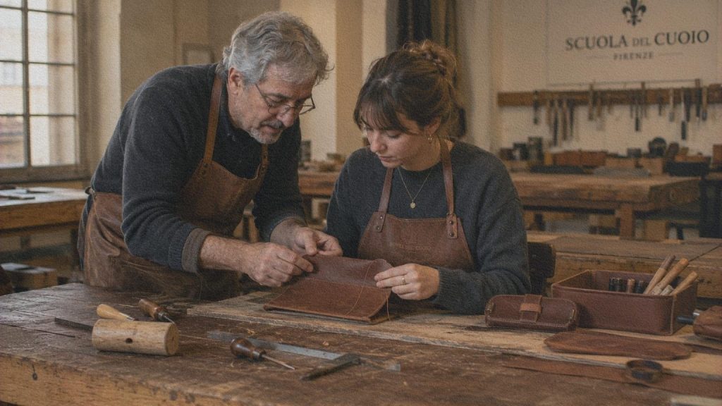 Élève et formateur travaillant le cuir à la Scuola del Cuoio de Florence.