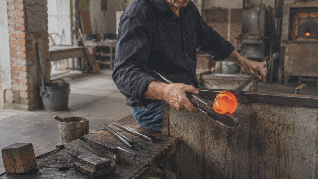 Artisan verrier travaillant dans un atelier contemporain de Murano.