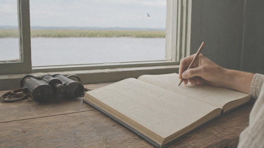 Main inscrivant une observation dans un registre naturaliste près d’une fenêtre ouverte sur les marais du Queensland.