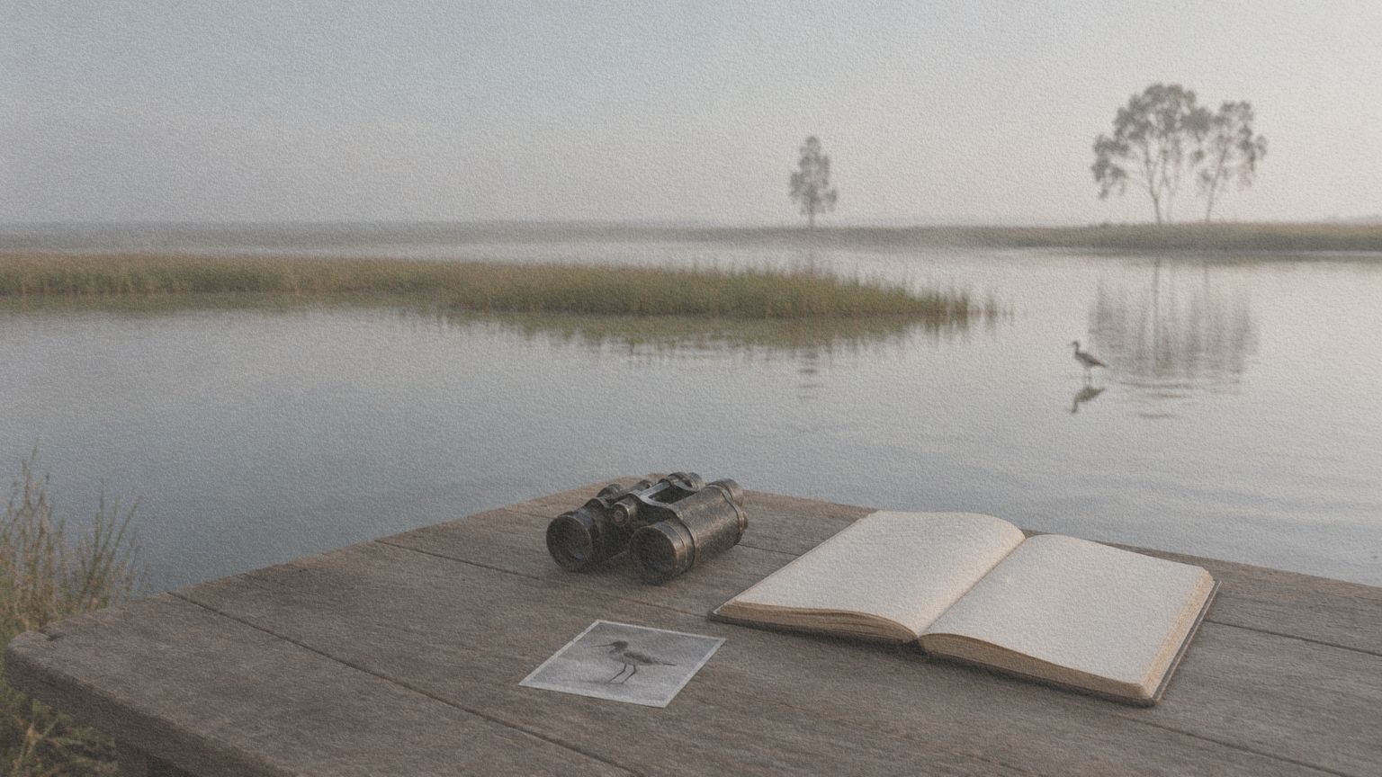 Jumelles anciennes, registre d’observation et photographie d’un oiseau posés sur une table au bord d’un marais du Queensland.