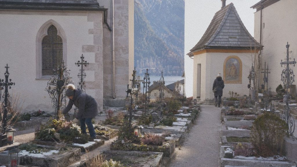 Tombes du cimetière de Hallstatt autour de l’église catholique sur une terrasse dominant le lac.