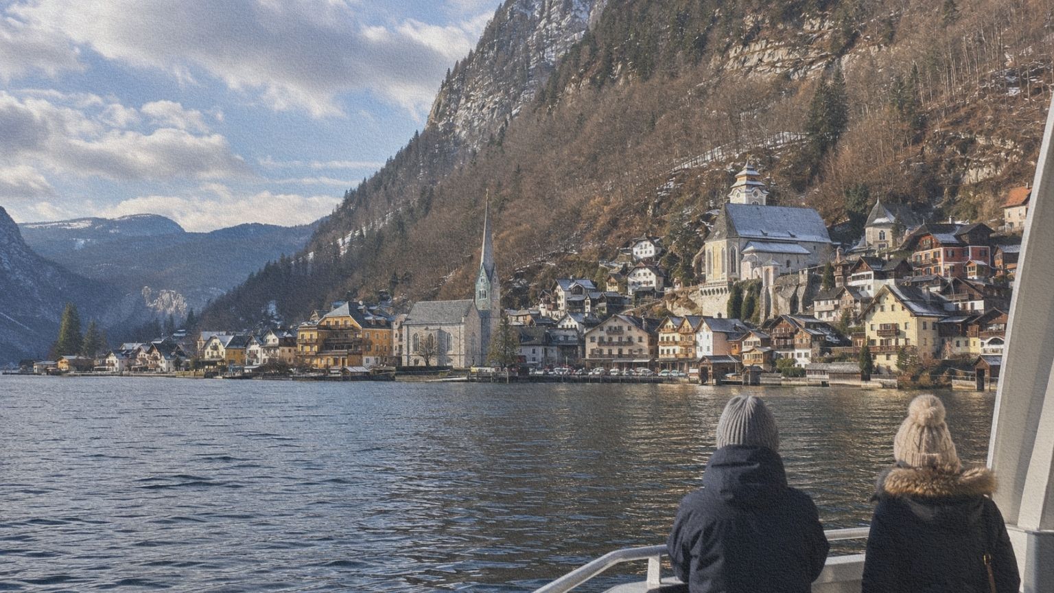 Hallstatt vu depuis le ferry reliant la gare au village pendant un après-midi d’hiver.