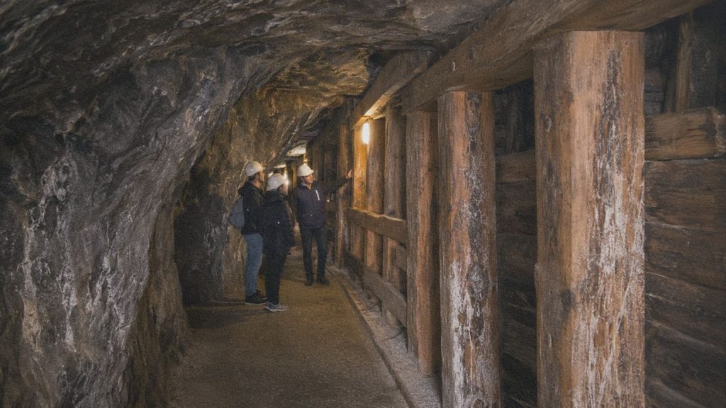 Guide et visiteurs dans une galerie boisée de la mine de sel de Hallstatt.