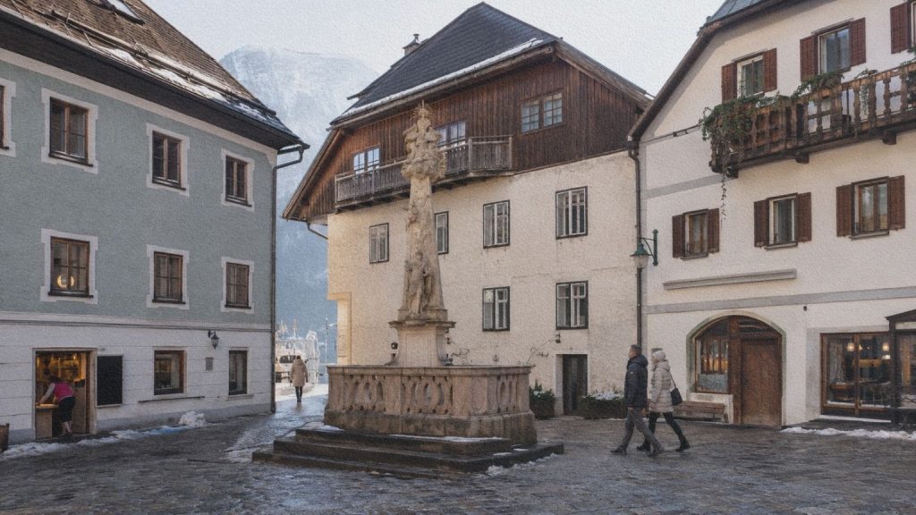 Habitants et visiteurs traversant la place du marché de Hallstatt pendant une matinée d’hiver.