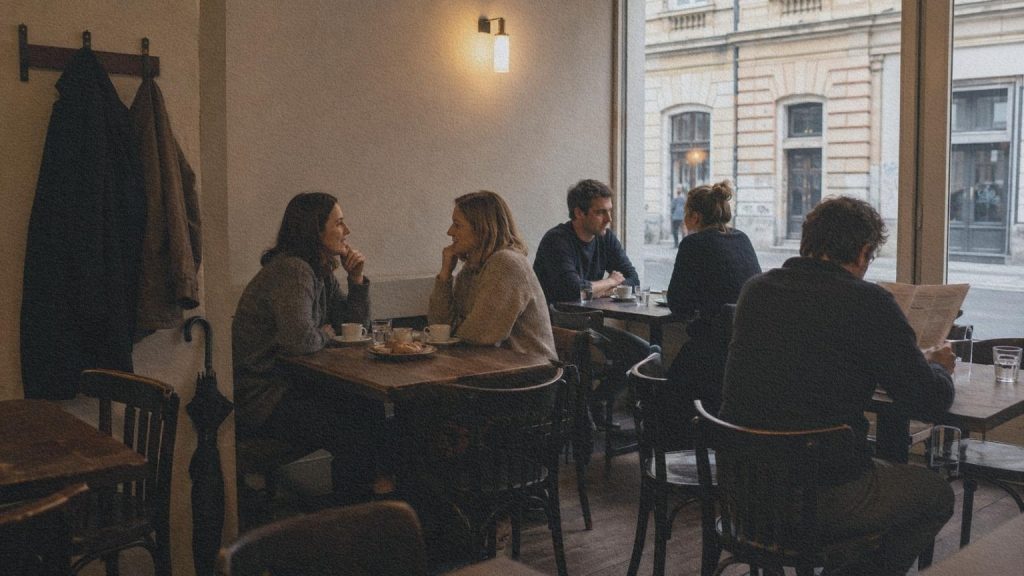Habitants attablés dans un café du centre de Zagreb pendant une matinée d’hiver.