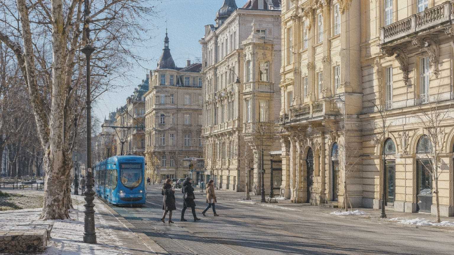Tramway bleu longeant les jardins et les façades historiques de la ville basse de Zagreb en hiver.