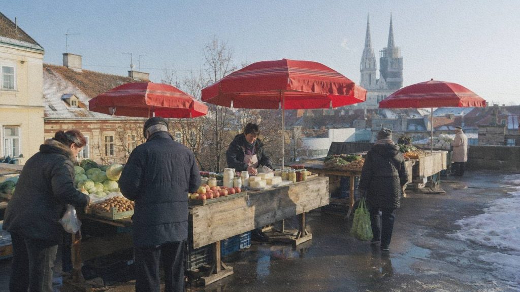 Vendeuses et clients sous les parasols rouges du marché de Dolac à Zagreb pendant une matinée d’hiver.