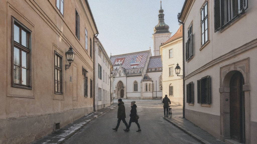 Rue de la ville haute de Zagreb conduisant vers le toit coloré de l’église Saint-Marc en hiver.