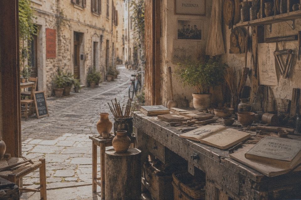 Entree-Culture-Italie Une bottega italienne ouverte sur la rue, où plusieurs artisans travaillent tandis qu'un apprenti prépare l'atelier au début de la journée.