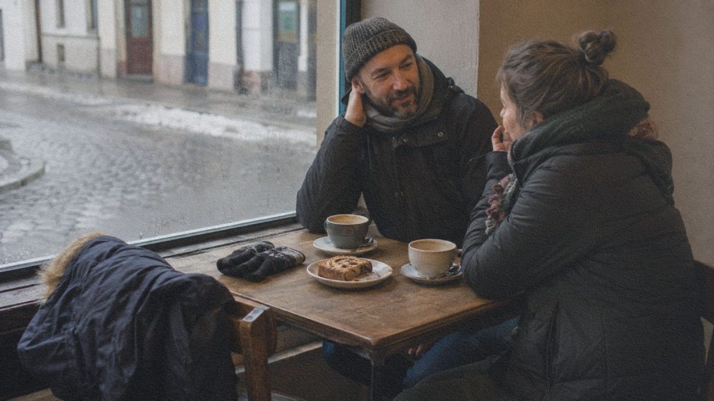 Deux personnes partageant un café et une part de kringel près d’une fenêtre embuée à Tallinn en hiver.