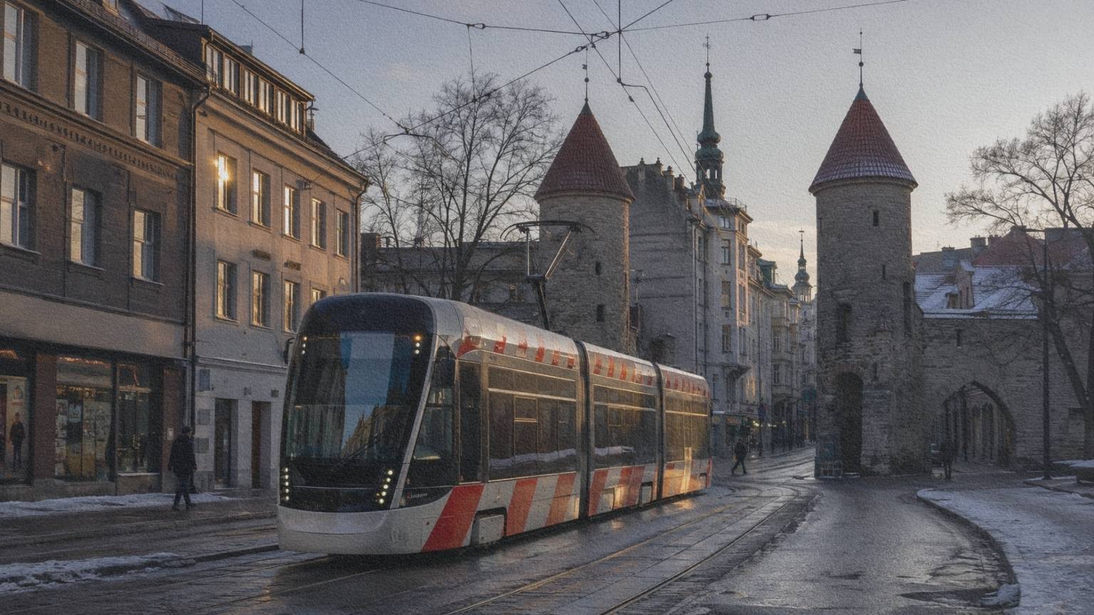 Tramway passant près des tours de la porte de Viru à Tallinn pendant un après-midi d’hiver.