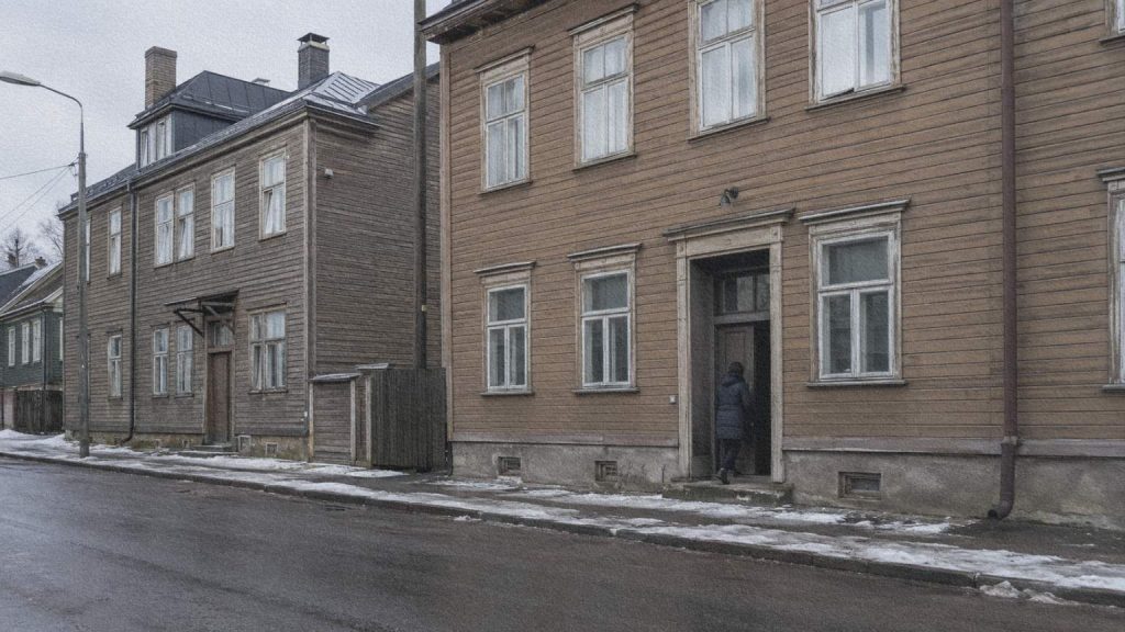 Rue résidentielle de Kalamaja bordée de maisons en bois sous une légère neige hivernale.
