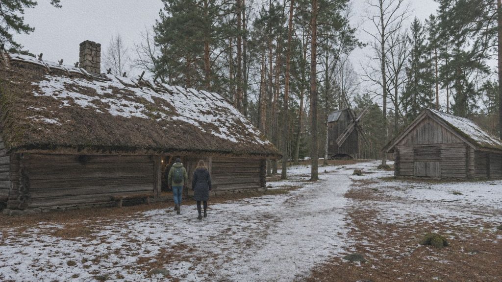 Ferme en bois, dépendance et moulin du musée estonien en plein air à Rocca al Mare en hiver.