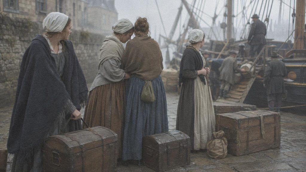 Jeunes femmes du XVIIe siècle attendant d’embarquer avec leurs coffres sur un quai français.