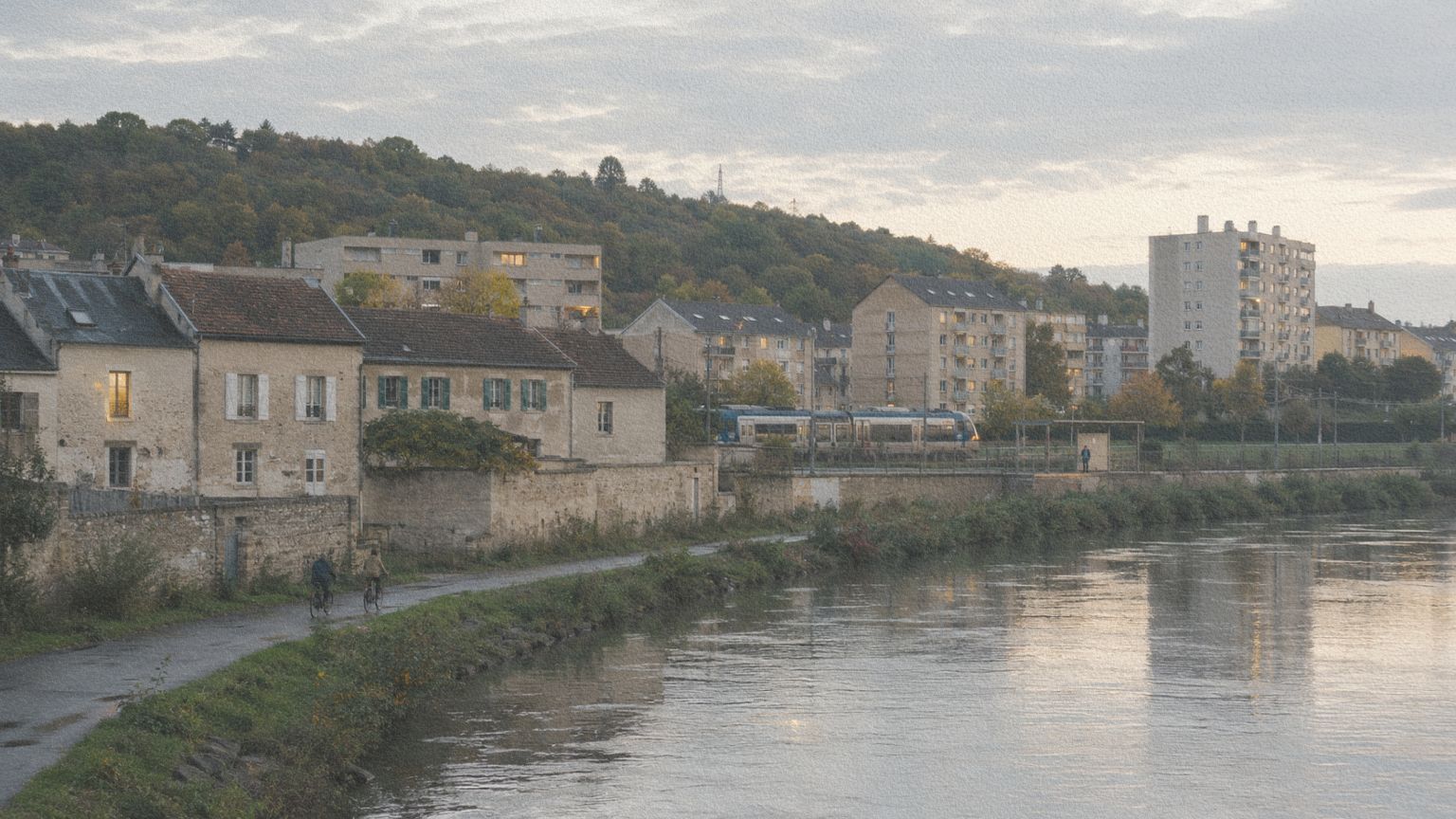 Une ville française s’étend au bord d’une rivière, entre maisons anciennes, immeubles, voie ferrée et colline boisée.