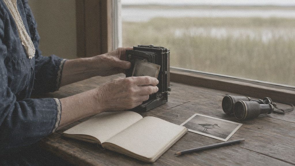 Mains d’une photographe manipulant un appareil ancien près d’un carnet et d’une image d’oiseau, en évocation d’Imogen Harcourt et de la mémoire dans le roman.
