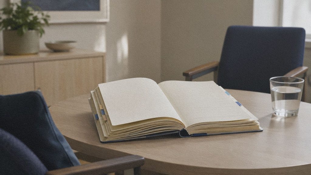 Carnet ouvert et deux chaises dans un cabinet de consultation lumineux.