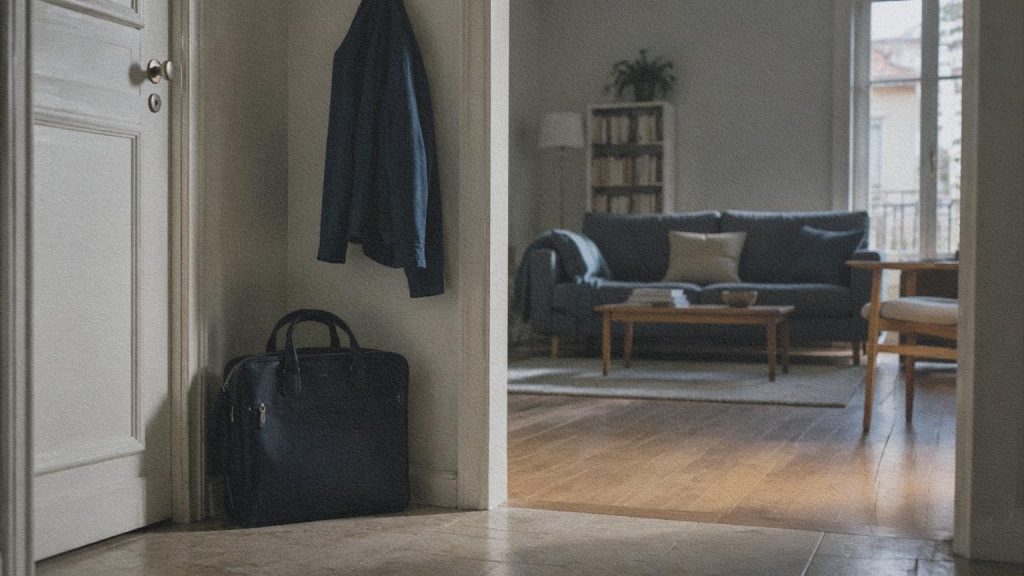 Veste et sac de travail près de l’entrée d’un appartement calme au petit matin.