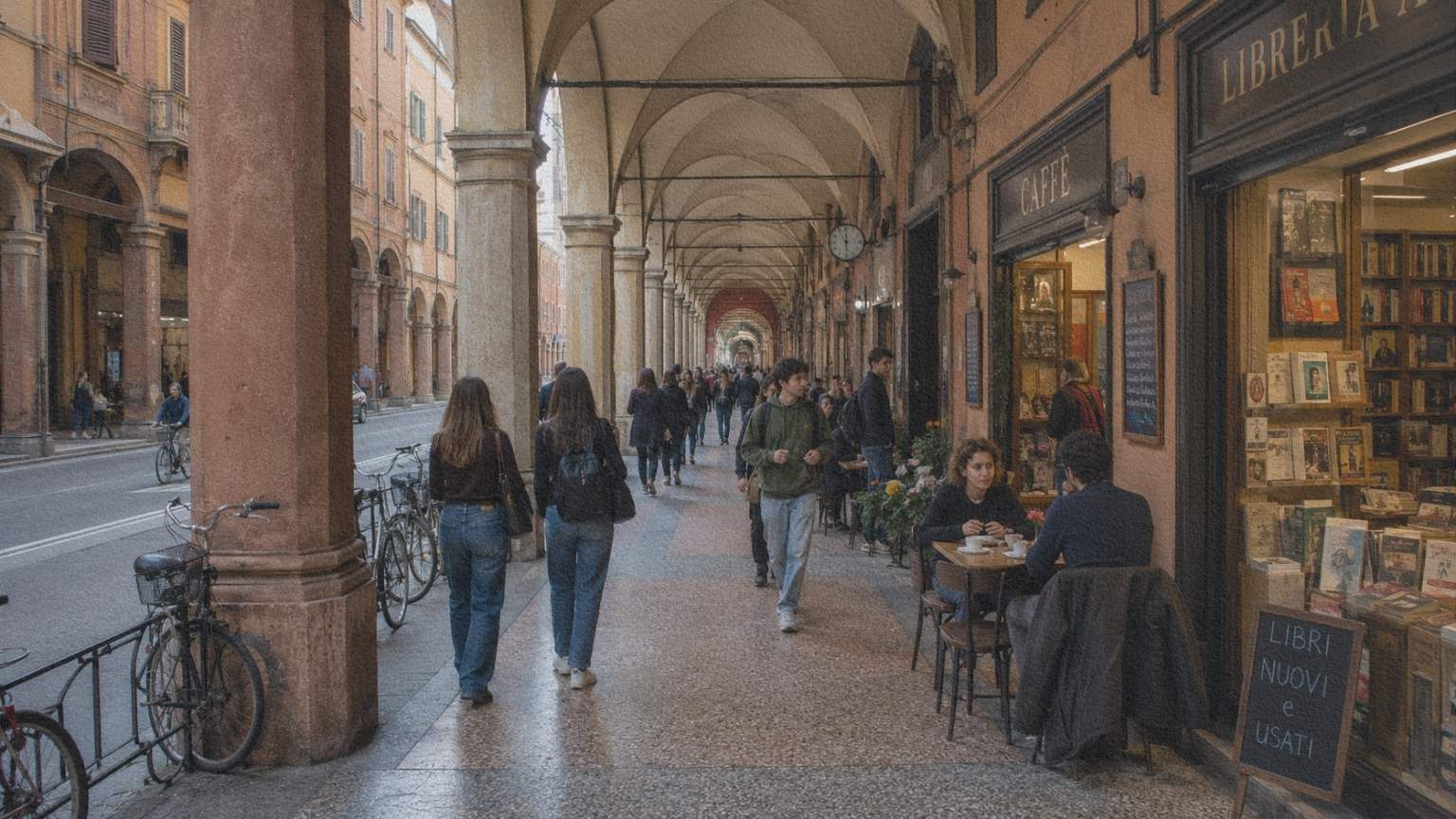 Italie-bologne-arcades-vie-quotidienne Une rue sous les arcades de Bologne où habitants, étudiants et commerces animent naturellement le centre historique.