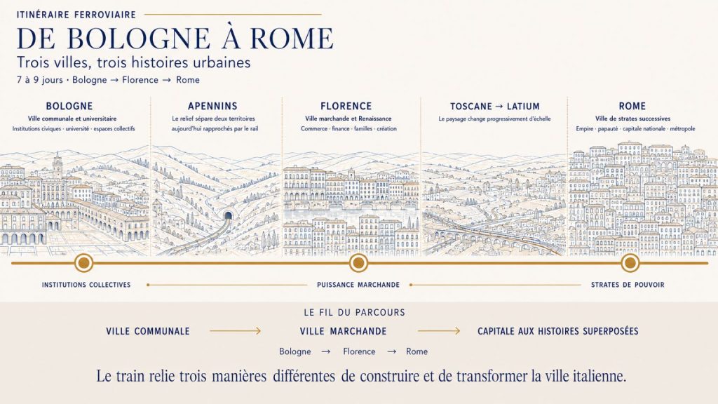 Infographie de l’itinéraire Bologne, Florence et Rome montrant les Apennins, la Toscane et trois histoires différentes de la ville italienne.