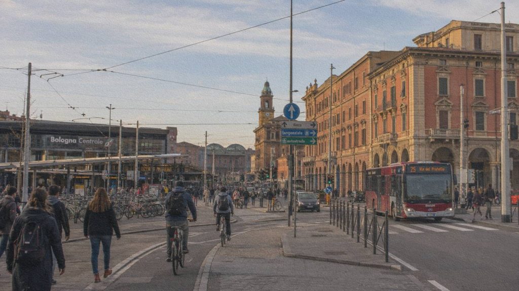 Arrivée à Bologne autour de la gare centrale, entre voies ferrées, mobilités urbaines et ville habitée