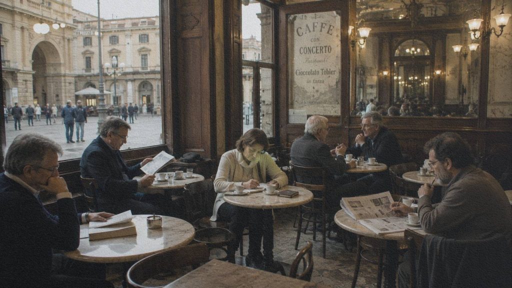 Des personnes lisent et écrivent dans un café historique de Florence.