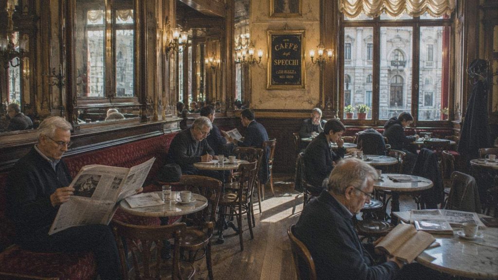 Des habitués lisent le journal dans un café historique de Trieste.