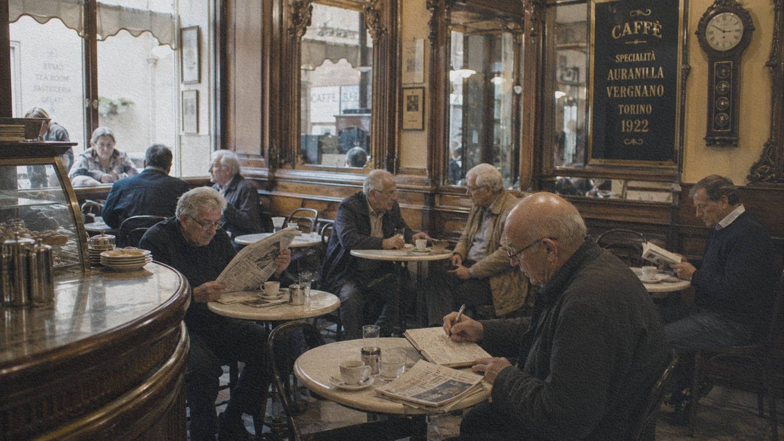 Italie-cafes-historiques L'intérieur d'un café historique italien où des habitants et quelques visiteurs prennent le temps de lire et d'échanger.