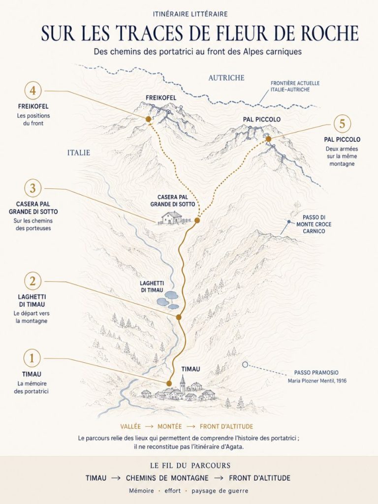 Carte de l’itinéraire de Timau vers Casera Pal Grande, le Freikofel et le Pal Piccolo sur les traces des portatrici carniche.