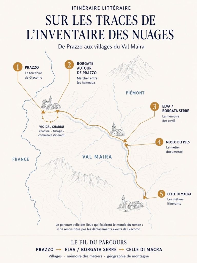 Carte de l’itinéraire inspiré de L’Inventaire des nuages entre Prazzo, Elva et Celle di Macra dans le Val Maira.
