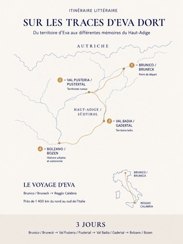 Carte de l’itinéraire inspiré d’Eva dort entre Brunico, le Val Pusteria, le Val Badia et Bolzano dans le Haut-Adige.