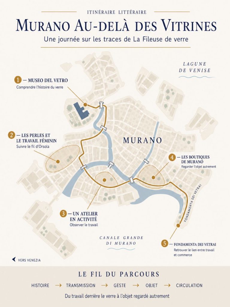 Carte d’une journée à Murano sur les traces de La Fileuse de verre, du Museo del Vetro aux ateliers, aux perles et à la Fondamenta dei Vetrai.