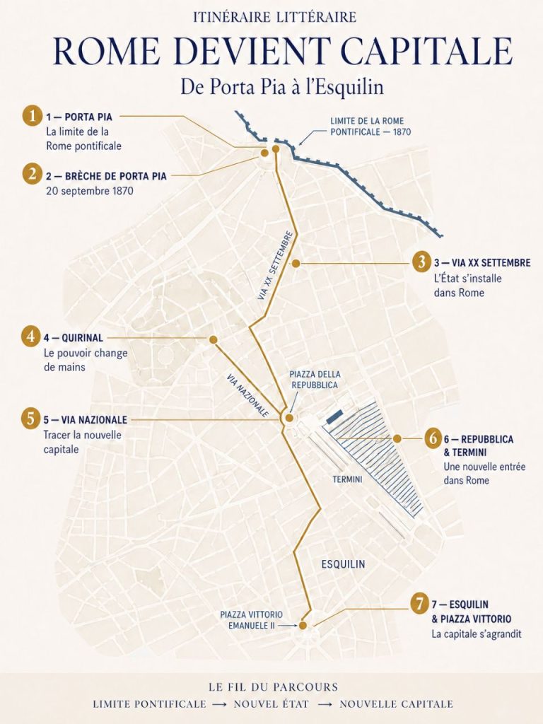 Carte de l’itinéraire Mamma Roma à Rome, de Porta Pia à l’Esquilin par via XX Settembre, le Quirinal, via Nazionale et Termini.