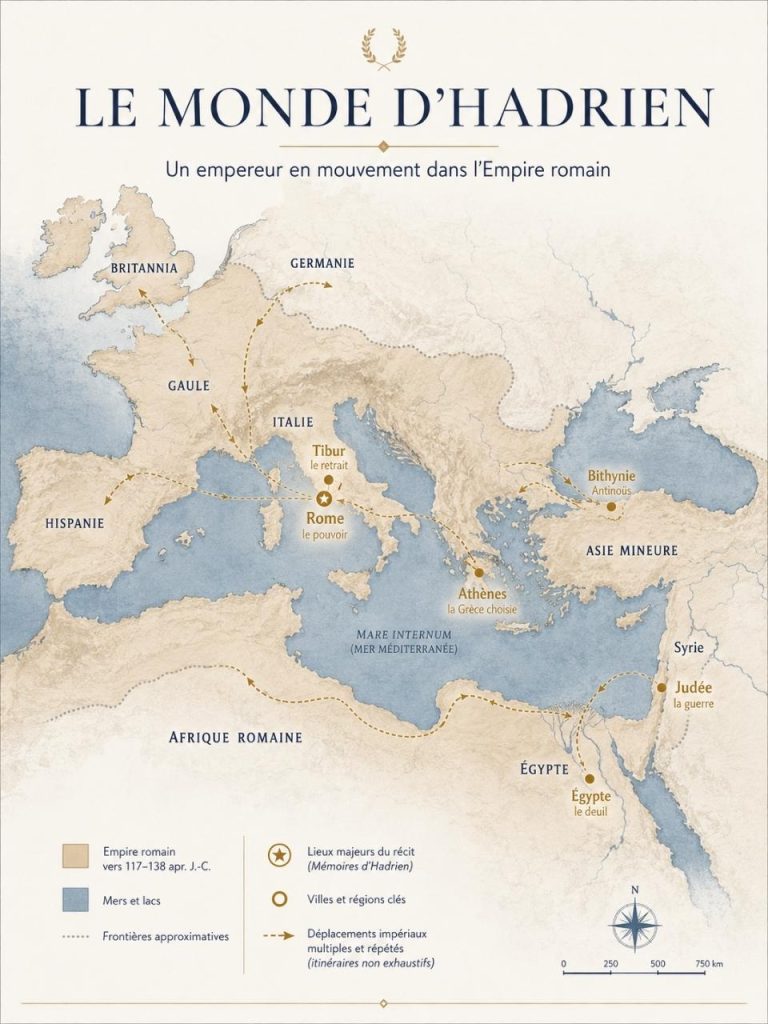 Carte de l’Empire romain sous Hadrien montrant Rome, Athènes, la Bithynie, la Judée et l’Égypte parmi les territoires parcourus par l’empereur.