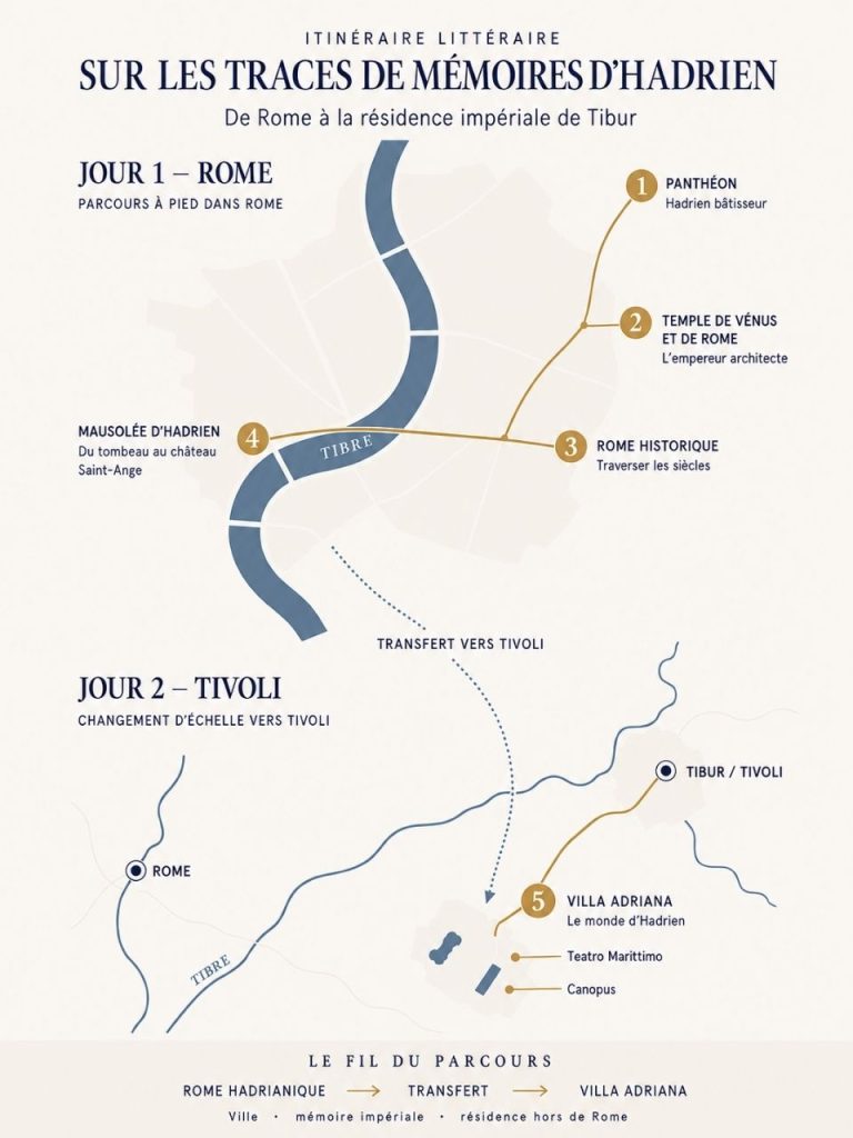 Carte de l’itinéraire sur les traces de Mémoires d’Hadrien, du Panthéon et du mausolée d’Hadrien à Rome jusqu’à la Villa Adriana près de Tivoli.