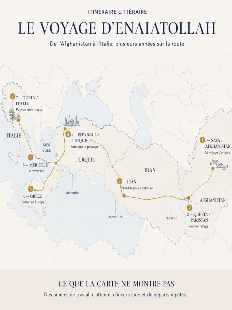 Carte du voyage d’Enaiatollah Akbari de l’Afghanistan à Turin, à travers le Pakistan, l’Iran, la Turquie et la Grèce.