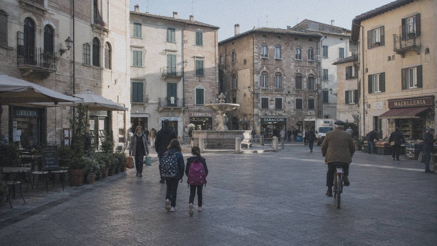 Italie-centre-historique-vie-quotidienne Une place historique italienne où habitants et visiteurs partagent naturellement le même espace au quotidien.