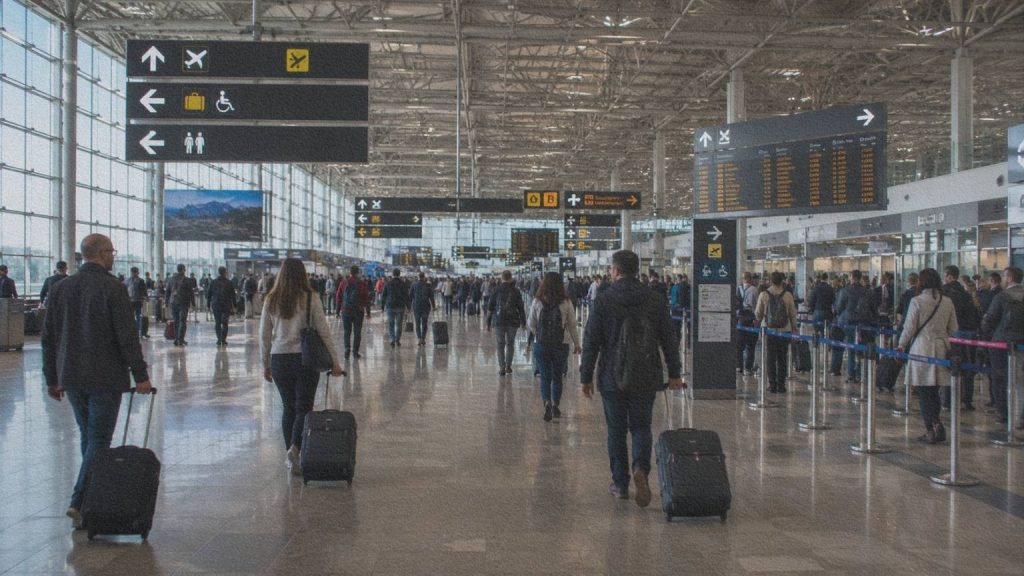 Voyageurs dans un aéroport européen, espace de signes, de règles et de comportements observés par Umberto Eco.