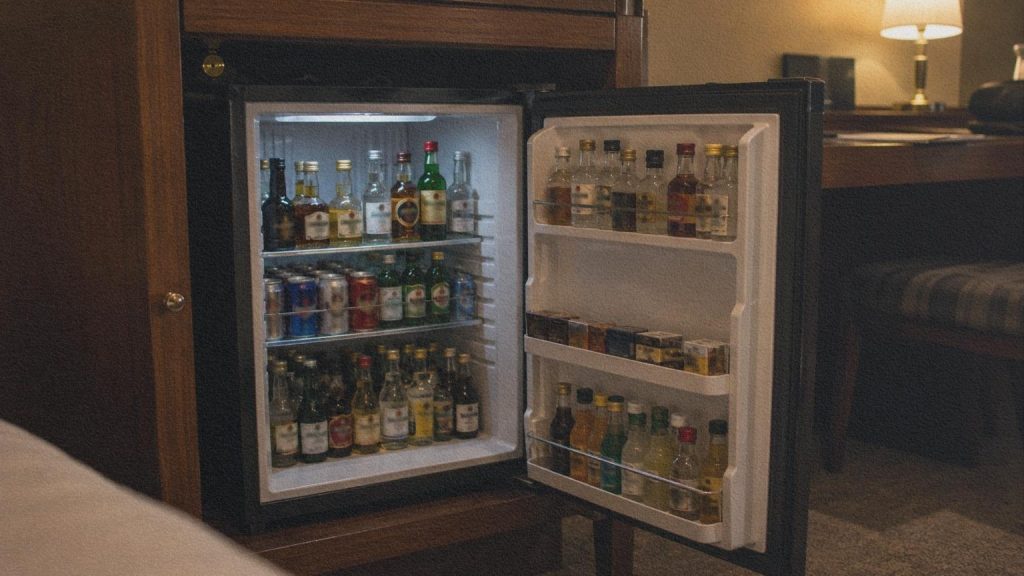 Minibar d’hôtel rempli de petites bouteilles, au cœur de la mésaventure racontée par Umberto Eco dans Comment voyager avec un saumon.
