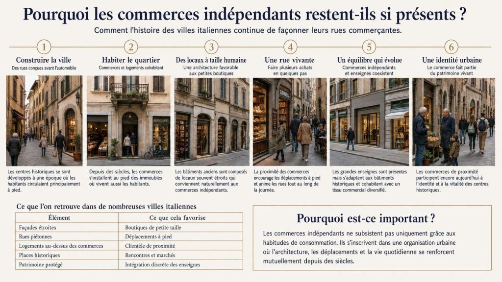 Infographie expliquant pourquoi les commerces indépendants restent nombreux dans les centres historiques italiens.