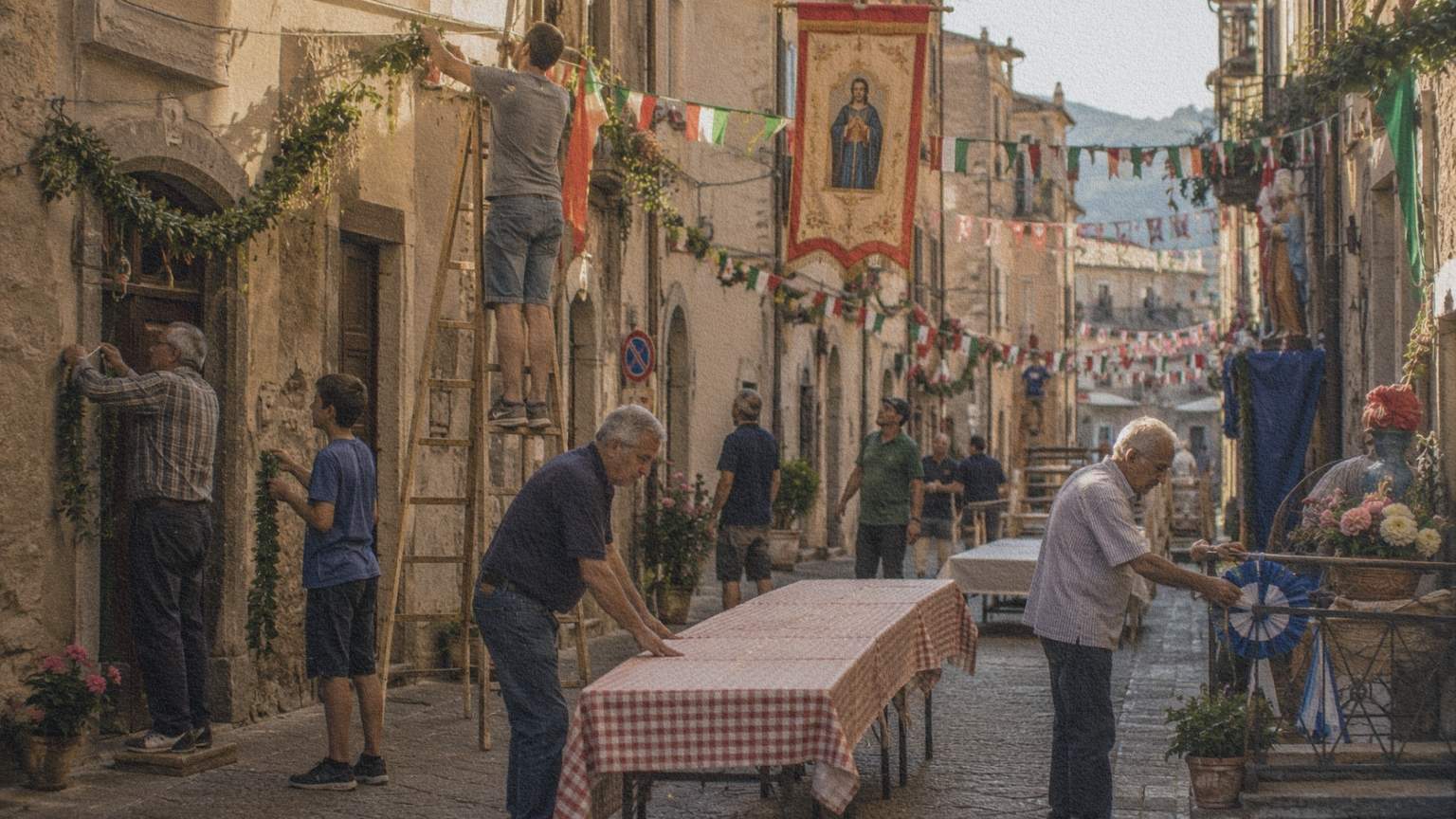 Des habitants décorent une rue avant une fête patronale dans un village italien.