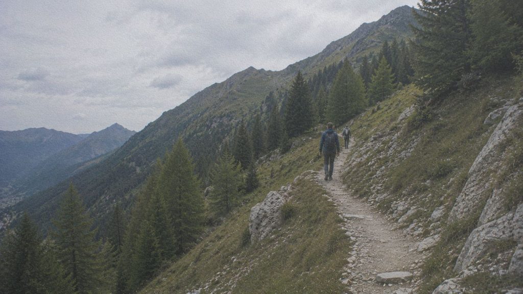 Sentier montant depuis Timau vers le secteur de Pal Grande, sur les chemins associés aux portatrici carniche.