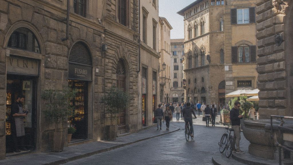 Rue du centre historique de Florence entre palais anciens, commerces et vie quotidienne.