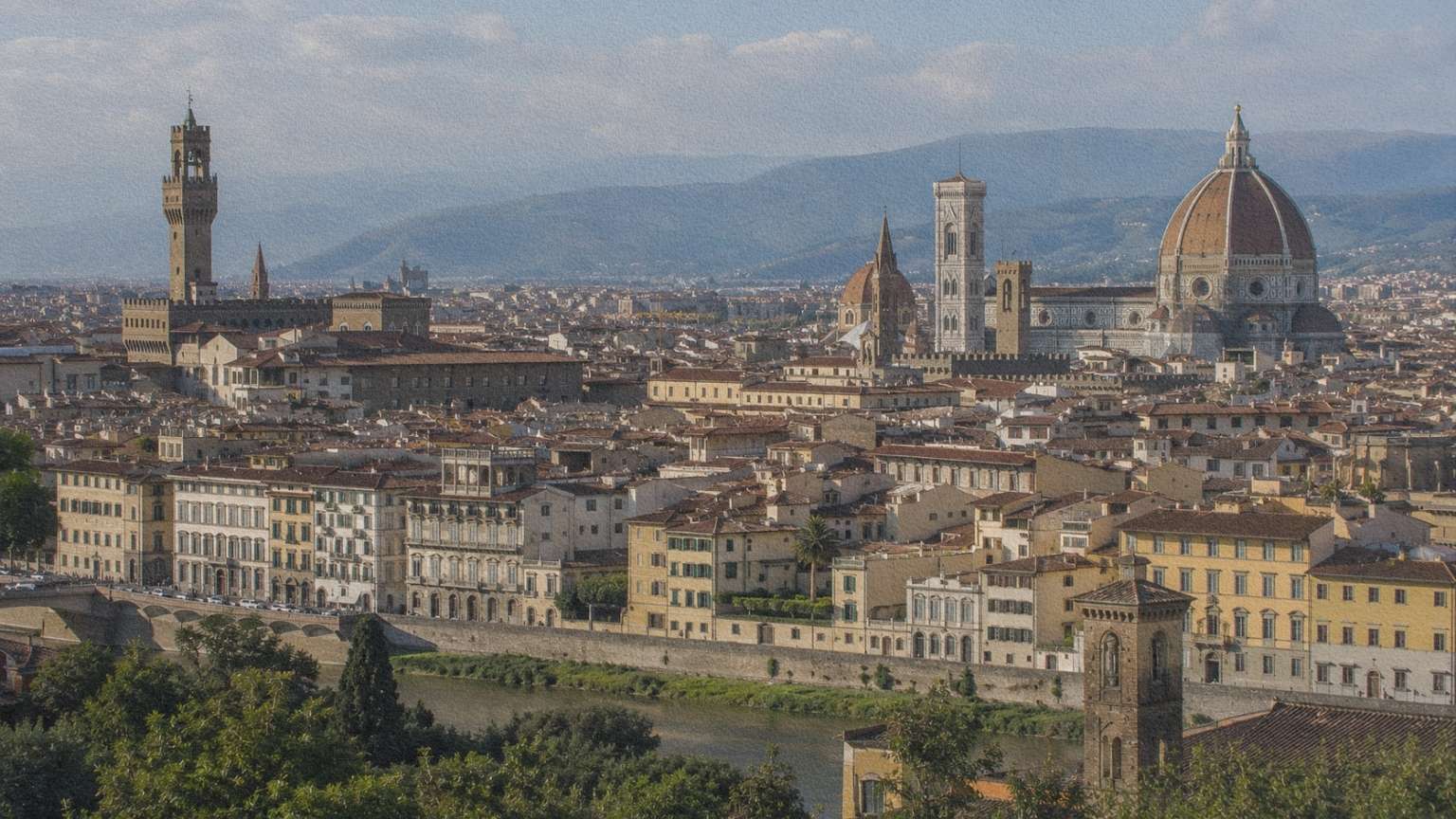 Italie-florence-ville-renaissance Vue de Florence avec la cathédrale Santa Maria del Fiore, les palais Renaissance et les toits de la ville.