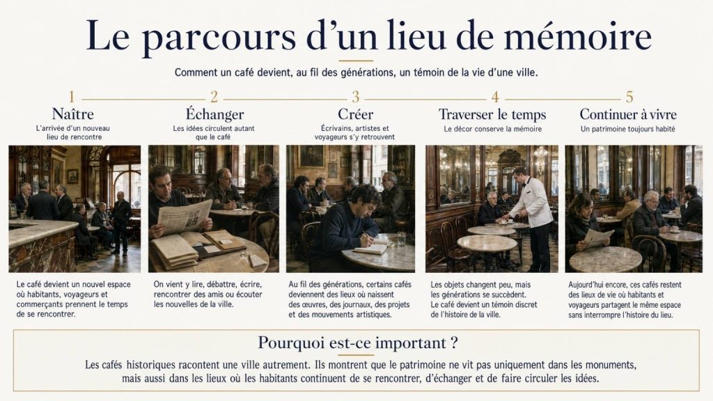 Infographie montrant comment un café historique devient, au fil du temps, un lieu de rencontre, de création et de mémoire toujours vivant dans la ville.