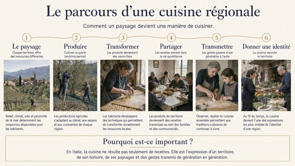 Infographie montrant comment un paysage, des productions locales et des savoir-faire donnent naissance à une cuisine régionale.