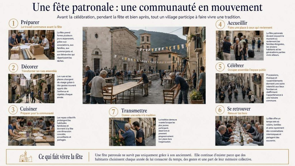 Infographie montrant comment une fête patronale mobilise les habitants avant, pendant et après la célébration.