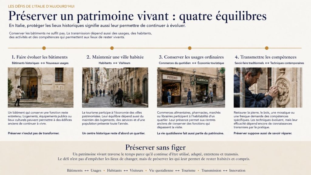 Infographie présentant quatre équilibres nécessaires à la préservation du patrimoine vivant en Italie : adapter les bâtiments à de nouveaux usages, concilier habitants et visiteurs, maintenir les commerces du quotidien et transmettre les savoir-faire tout en intégrant les techniques contemporaines.